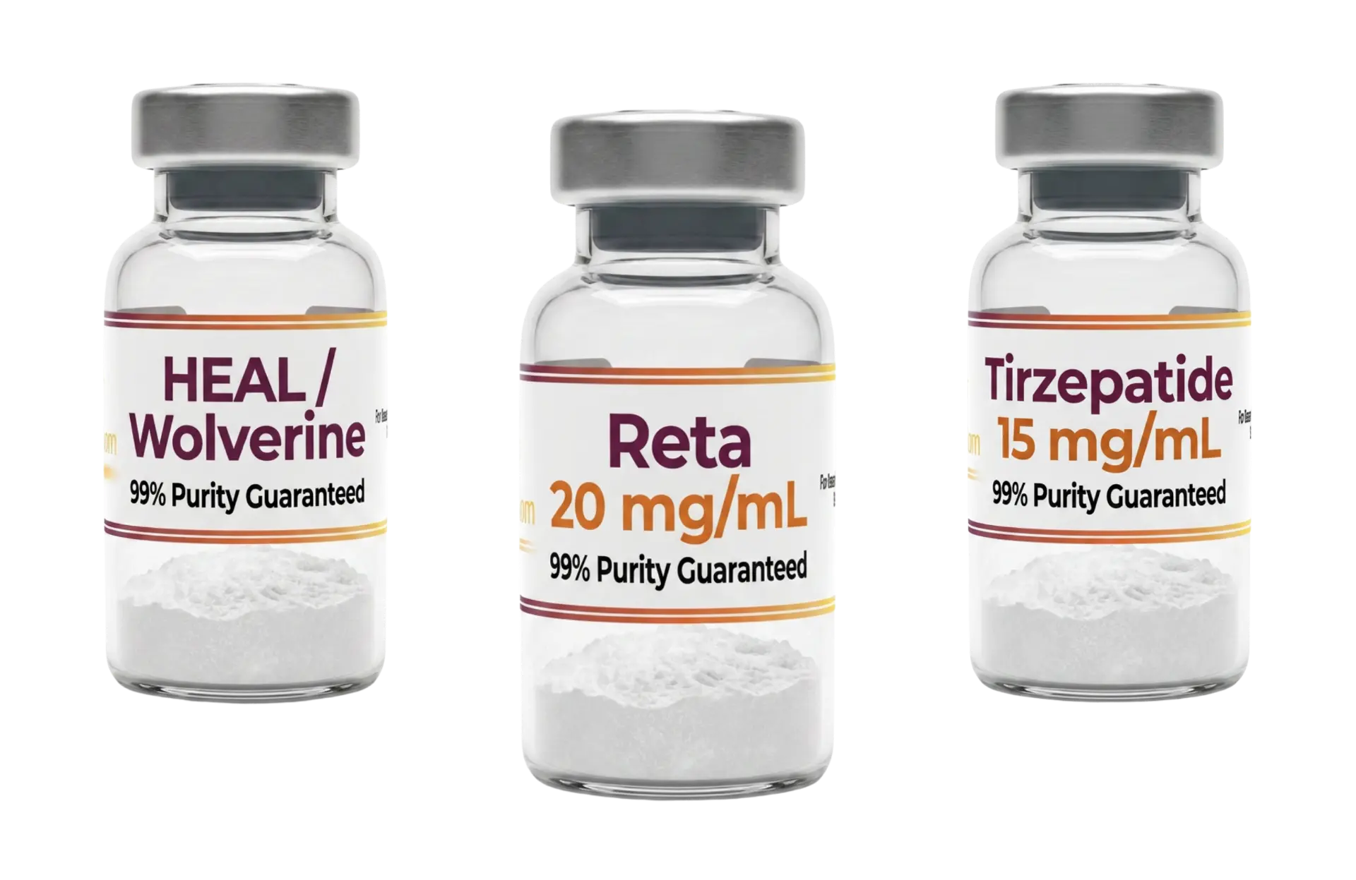 Three PepFreedom research compound vials labeled HEAL/Wolverine, Reta 20 mg/mL and Tirzepatide 15 mg/mL, each marked 99% purity guaranteed